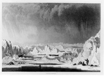Maniobrando los barcos a través de los montículos de hielo, ilustración de Narrativa de un Intento de Llegar al Polo Norte por William Parry, grabado por Edward Finden (1791-1857) publicado en 1828