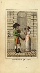 Hombre y mujer de París frente a una fuente