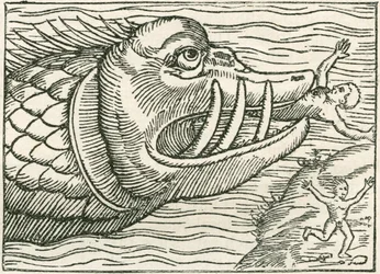 Hombre devorado por una serpiente marina. Ilustración encontrada en el margen de un mapa preparado por Olaus Magnus