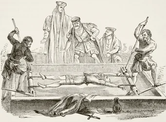 Hombre torturado en el potro, de "The National and Domestic History of England", de William Hickman Smith Aubrey (1858-1916), publicado en Londres hacia 1890 (litografía).