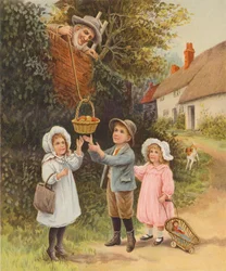 Hombre bajando una cesta de fruta hacia unos niños (cromolito)