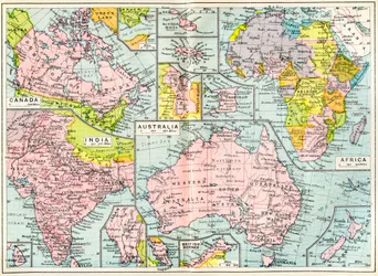 Mapa de las posesiones británicas en 1914 al inicio de la Primera Guerra Mundial, de The British Empire Universities Modern English Illustrated Dictionary, pub. 1914