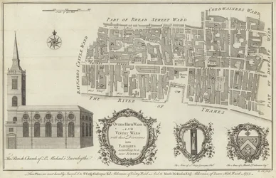 Mapa de los distritos de Queenhithe y Vintry, Londres