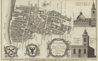 Mapa de los distritos de Walbrook y Dowgate, Londres