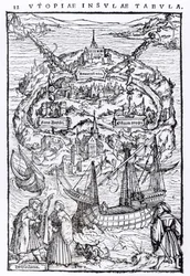 Mapa de la isla de Utopía, frontispicio del libro