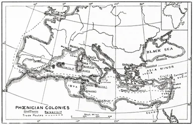 Mapa de las colonias fenicias y sus rutas comerciales en el Mediterráneo