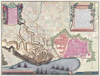 Mapa del sitio de Barcelona en abril de 1706 (litografía en color)