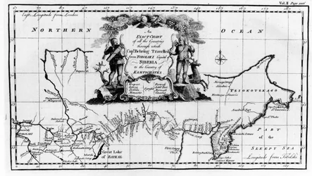 Mapa de la ruta seguida por Vitus Bering (1681-1741) a través de Siberia hasta Kamchatka, de Navigantium atque Itinerantium Bibliotheca, publicado en 1744