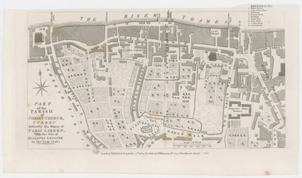 Mapa que muestra la mansión de Paris Garden por R Wilkinson, 1822
