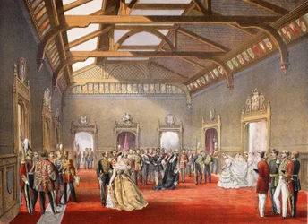 Organización de la procesión de la novia en el salón central de los apartamentos temporales, de A Memorial of the Marriage of Edward VII and Alexandra of Denmark, pub. 1864