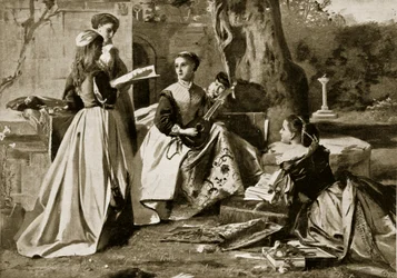 María Reina de Escocia en un jardín de convento, ilustración de la Historia de la Nación Británica de Hutchinson, c.1923