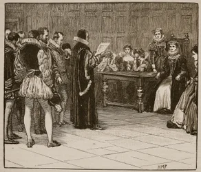 María Reina de Escocia recibiendo la notificación de su destino, ilustración de la Historia Ilustrada de Inglaterra de Cassell