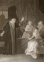 María Reina de Escocia reprendida por Knox, ilustración de La Historia de Inglaterra de David Hume, pub. por R. Bowyer, Londres, 1812