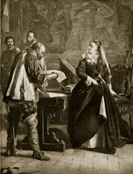 María Reina de Escocia firma su abdicación, julio de 1567, ilustración de la Historia de la Nación Británica de Hutchinson, c.1923