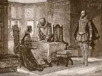María firmando el acta de abdicación en el castillo de Lochleven, ilustración de la Historia Ilustrada de Inglaterra de Cassell
