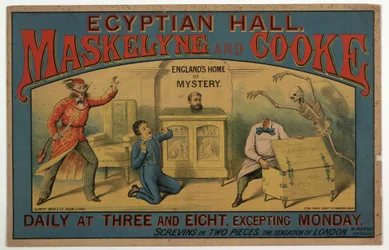 Maskelyne & Cooke en el Salón Egipcio c.1880 (litografia en color)
