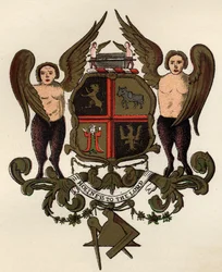 Armas masónicas, según un panel pintado en posesión de W.H.Y. Rylands, de The History of Freemasonry, volumen II, publicado por Thomas C. Jack, Londres, 1883