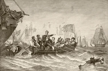 Comandante Oliver Hazard Perry pasando del US Brig Lawrence al US Brig Niagra durante la Batalla del Lago Erie (litografía)