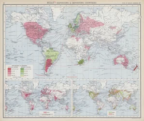 Carne, países exportadores e importadores (litografía en color)
