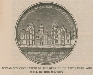 Medalla conmemorativa de la apertura de Aston Park y Hall por Su Majestad