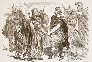 Reunión de Edmund Ironside y Canuto en la isla de Alney en el Severn en 1016, ilustración de Cassells Illustrated History of England