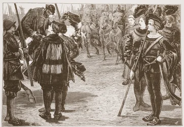 Encuentro del emperador Carlos y los príncipes protestantes, ilustración de La Historia del Protestantismo de James Aitken Wylie, pub. 1878
