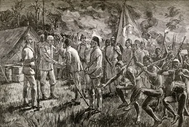 Mehmet Emin Pasha y Gaetano Casati llegan al campamento de Sir Henry Morton Stanley en la orilla del lago Alberto en 1889 (grabado en madera)