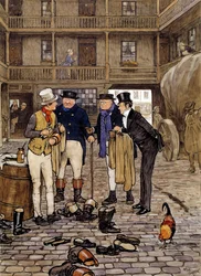 Los miembros del club Pickwick se reúnen con Sam Willer Ilustración de las obras de Charles Dickens (1812-1870) de la escuela inglesa. 1837 Colección privada