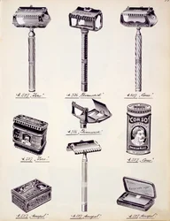 Equipo de afeitado para hombres, de un catálogo comercial de bienes y accesorios domésticos, c.1890-1910