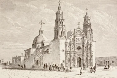 Catedral Metropolitana en Plaza de Armas, Chihuahua, México en el siglo XIX (litografía)