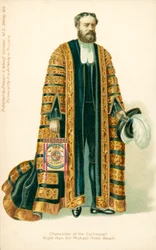 Michael Edward Hicks Beach, Ministro de Hacienda (litografía en color)