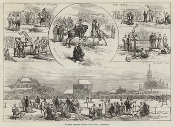 Deportes atléticos militares en el campamento, Aldershott (grabado)