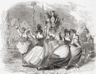 Baile de la lechera, con pila de platos, Primero de Mayo, Inglaterra, de Old England: A Pictorial Museum, pub. 1847
