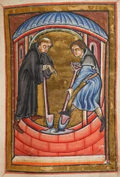Miniatura de Cuthbert cavando un pozo de agua con un monje para su ermita en la isla de Farne, del capítulo 18 de la Vida en prosa de San Cuthbert, de Bede.