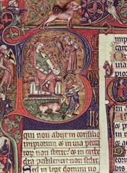 Mms 9961-2 Inicial historiada B del Salterio de Peterborough que representa al rey David tocando el arpa, inglés, c.1310-20