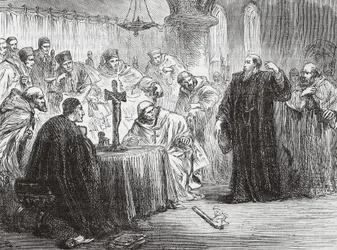 Mollio arrojando su antorcha ante la Inquisición, ilustración de La Historia del Protestantismo de James Aitken Wylie, pub. 1878