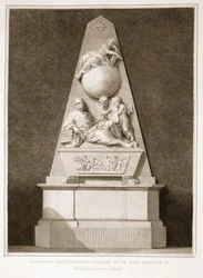 Monumento erigido en memoria de Sir Isaac Newton en la Abadía de Westminster, ilustración de La Historia de Inglaterra de David Hume, pub. por R. Bowyer, Londres, 1812
