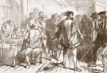 La banda de Mouchares atacando a los protestantes en la hostería del Faubourg St. Germain, ilustración de La Historia del Protestantismo de James Aitken Wylie, pub. 1878