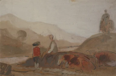Paisaje montañoso con figura junto a un lago (Un hombre sentado junto a un lago entre montañas)
