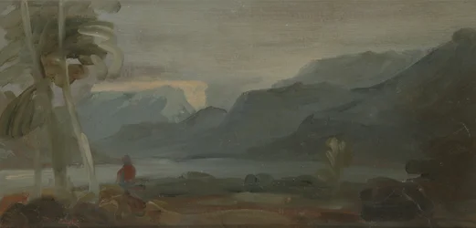 Paisaje montañoso con figuras y ganado