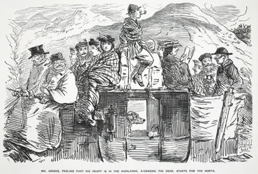 El Sr. Briggs, sintiendo que su corazón está en las Tierras Altas, persiguiendo al ciervo, parte hacia el Norte, ilustración de Punch