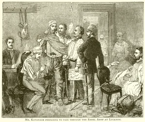 El Sr. Kavanagh preparándose para pasar a través del ejército rebelde en Lucknow