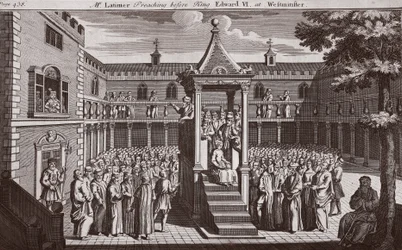 El Sr. Latimer predicando ante el Rey Eduardo VI en Westminster, ilustración de Mártires de Fox c.1703