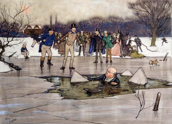 Mr. Pickwick on the ice Ilustración de la obra de Charles Dickens (1812-1870) de la escuela inglesa. 1837 Colección privada