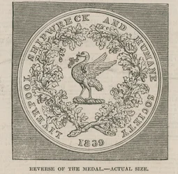 Diseño de Mr Wyon para la Medalla de la Sociedad de Naufragios y Humanitaria de Liverpool