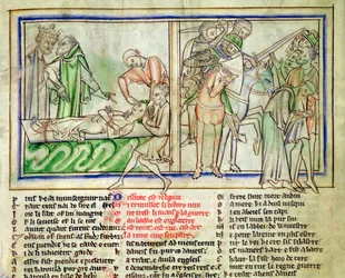 Ms.Ee.3.59 fol.6r Harald Harefoot supervisa la tortura de Alured y la Opresión del Pueblo de Inglaterra, de la Vida de San Eduardo el Confesor