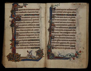 Ms 1-2005, ff.115v-116r: caza de conejos montando un perro, decoración marginal del Salterio de Macclesfield, Uso de Sarum, East Anglia, c.1330