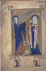 Ms 242 Folio 2v, Anunciación a la Virgen, de las Horas Grey-Fitzpayne