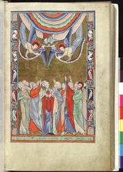 Ms Hunter 229 f.14r La Ascensión, del Salterio Hunteriano, c.1170 (pluma y tinta y temple sobre vitela)