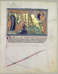 El Señor viendo a la gente adorar a la bestia del mar en presencia del dragón rojo, del Apocalipsis de Gulbenkian, c.1265-70